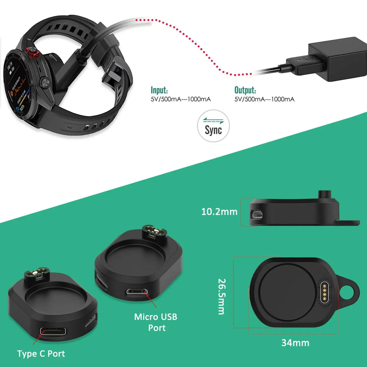 Universal Charger Adapter for Garmin Watches - Type C & Micro USB