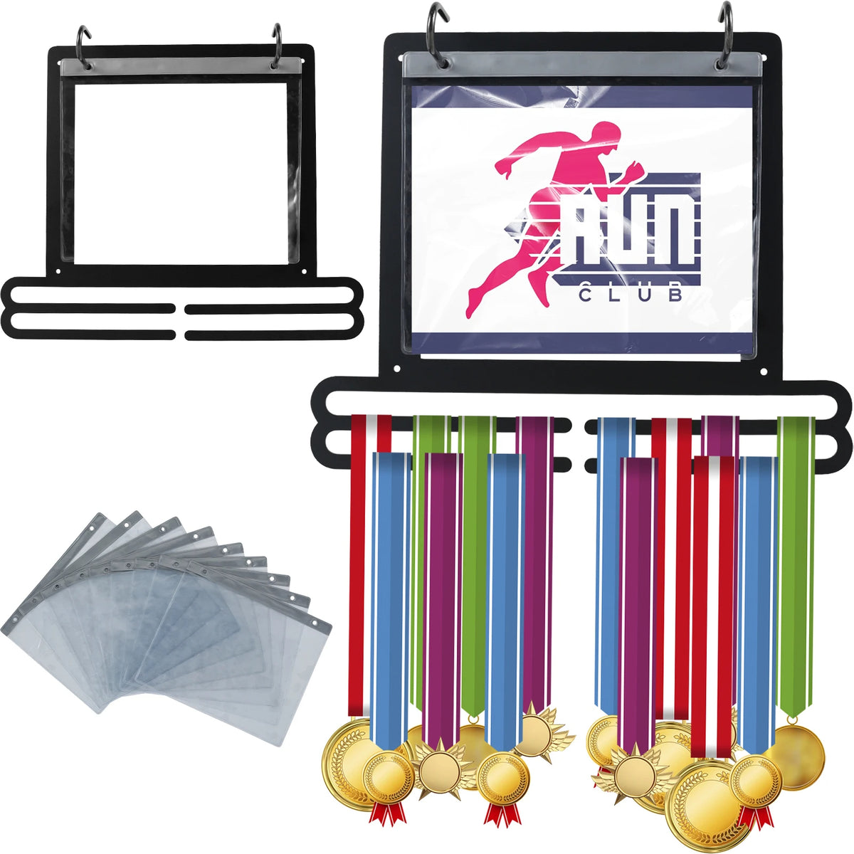 Wall Mounted Medal Display Rack with Hooks & Number Bags