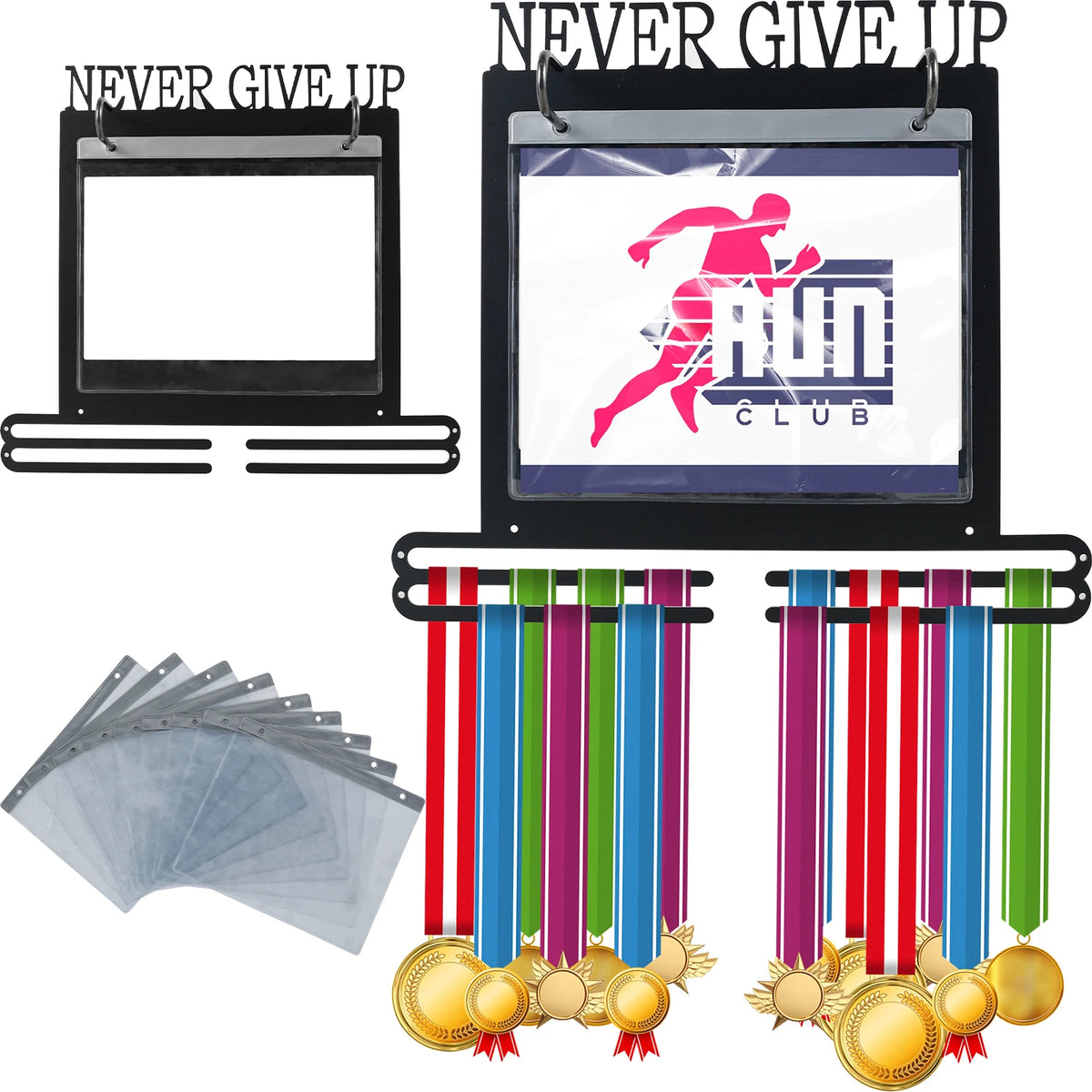 Wall Mounted Medal Display Rack with Hooks & Number Bags