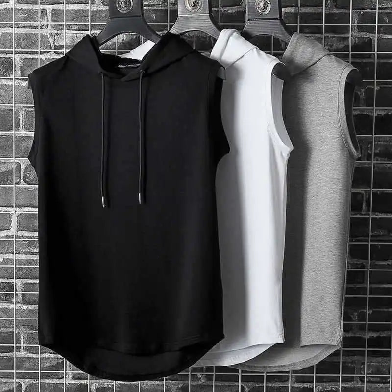 Ice Silk Summer Muscle Hoodie Vest Sleeveless Bodybuilding Gym Workout Fitness Shirt High Quality Vest Hip Hop Sweatshirt Tops