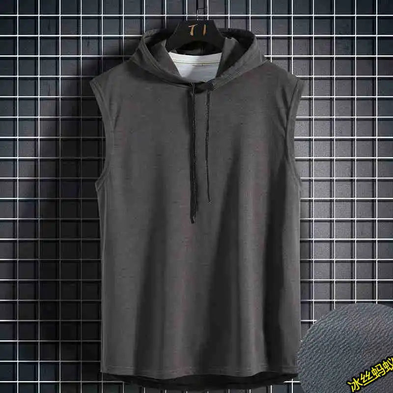 Ice Silk Summer Muscle Hoodie Vest Sleeveless Bodybuilding Gym Workout Fitness Shirt High Quality Vest Hip Hop Sweatshirt Tops