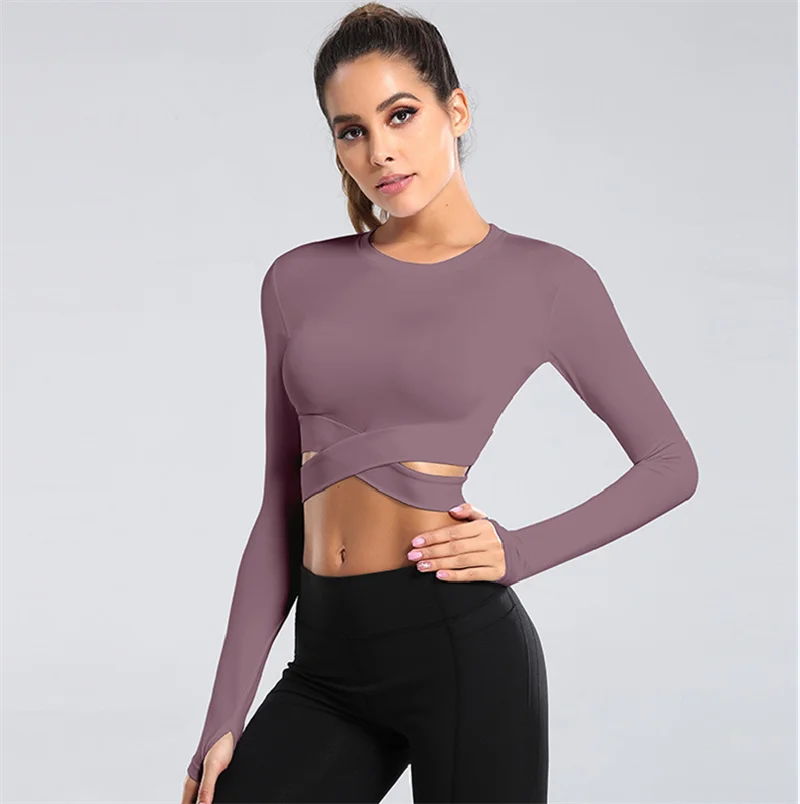 Aiithuug Miidriff Long Sleeve Yoga Tops Sports Fitness Crop Top Gym Shirts Slim Fit Running Tank Tops Criss Cross Waist Cross