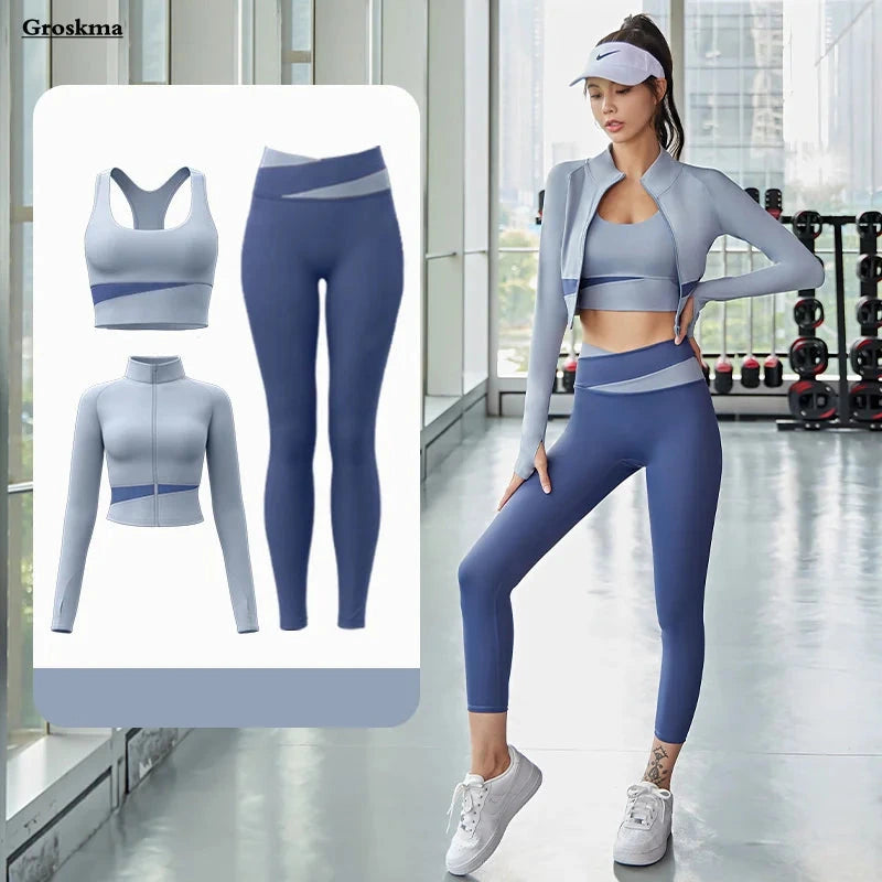 Women Yoga Patchwork 3 Piece Set Fitness Gym Coats+Bra+Leggings Workout Running Sportswear Clothing Tracksuit Ensemble Femme