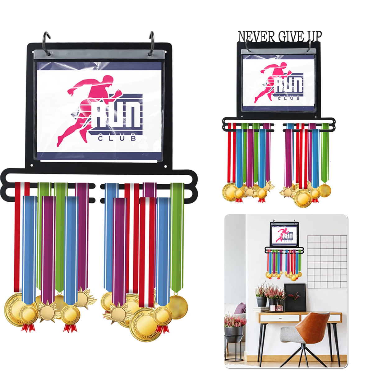 Medal Hanger Display Wall Mounted Medals Display Hanger with Number Bags and Hooks for Marathon Gymnastics Swim Race Decoration