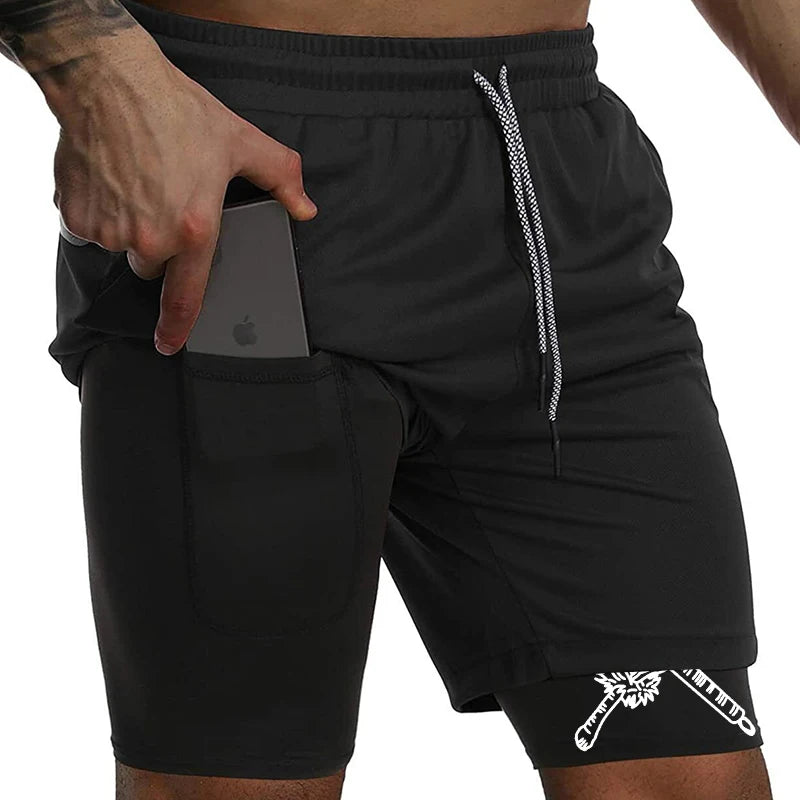 Print 2 in 1 Running Workout Shorts for Men Gym Performance Compression Shorts with Phone Pocket Towel Loop Athletic Activewear