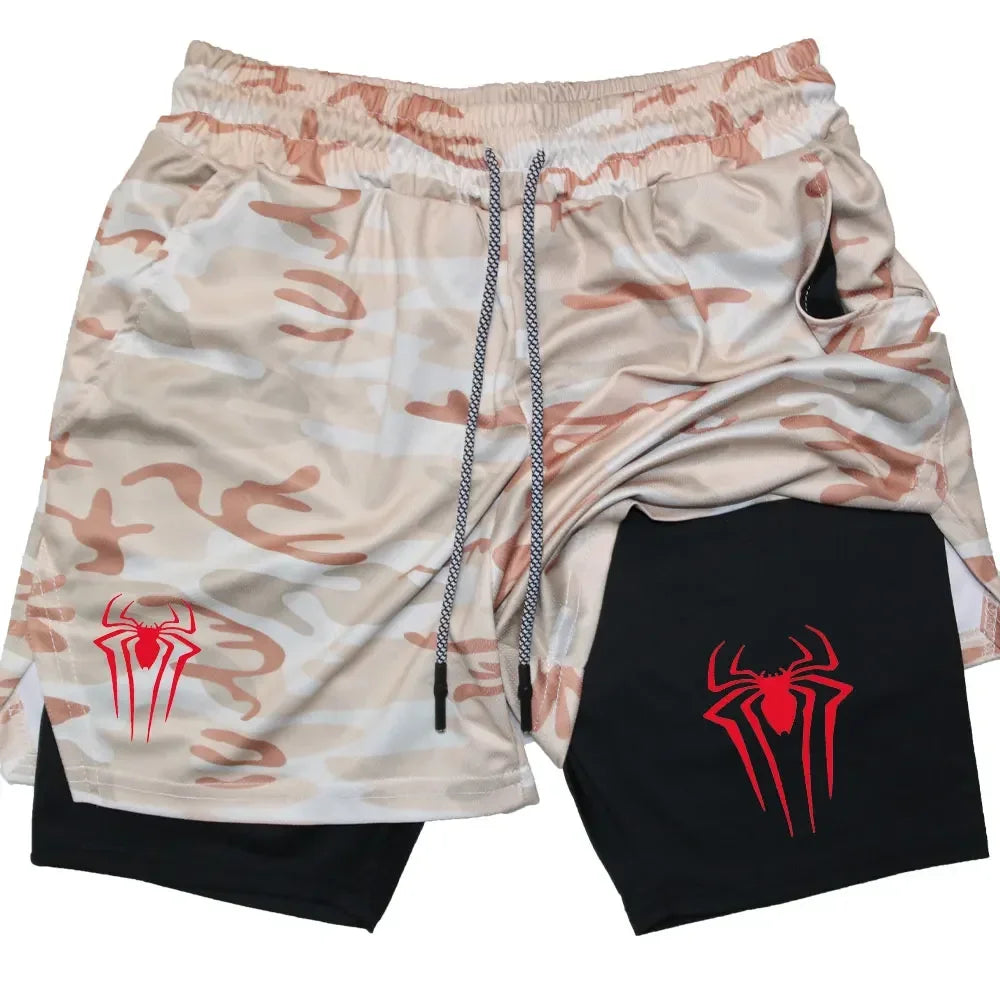 Spider print men's sports compression shorts, summer shorts, casual, training, running, knitting, 2-in-1, Dean M, 2024