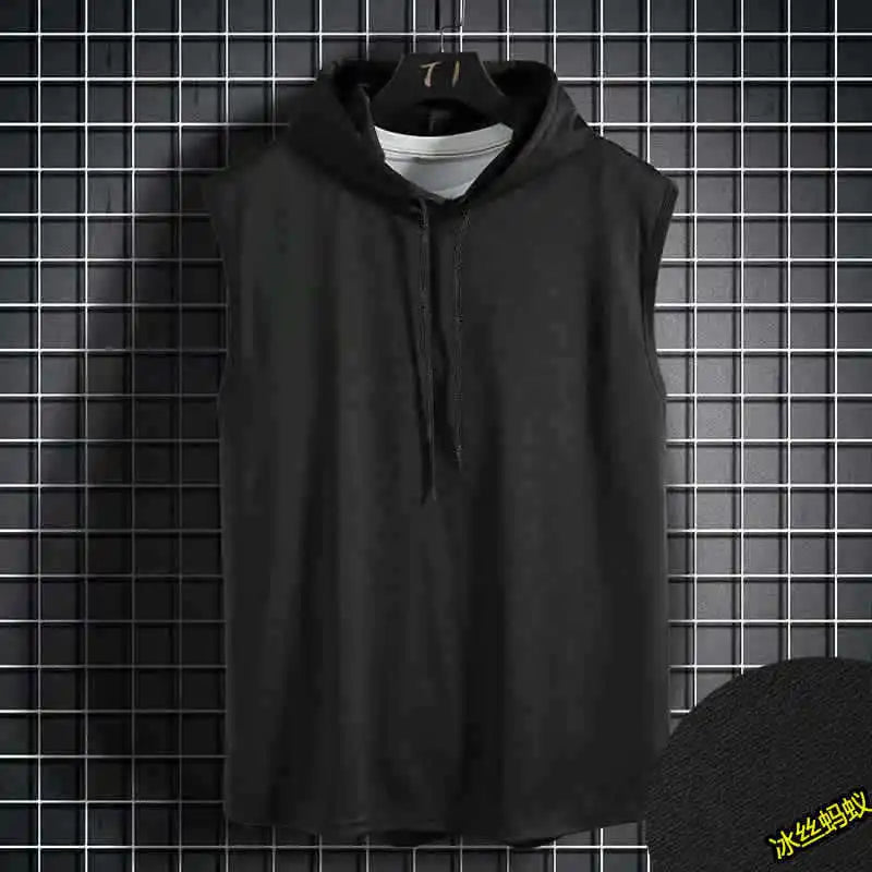 Ice Silk Summer Muscle Hoodie Vest Sleeveless Bodybuilding Gym Workout Fitness Shirt High Quality Vest Hip Hop Sweatshirt Tops