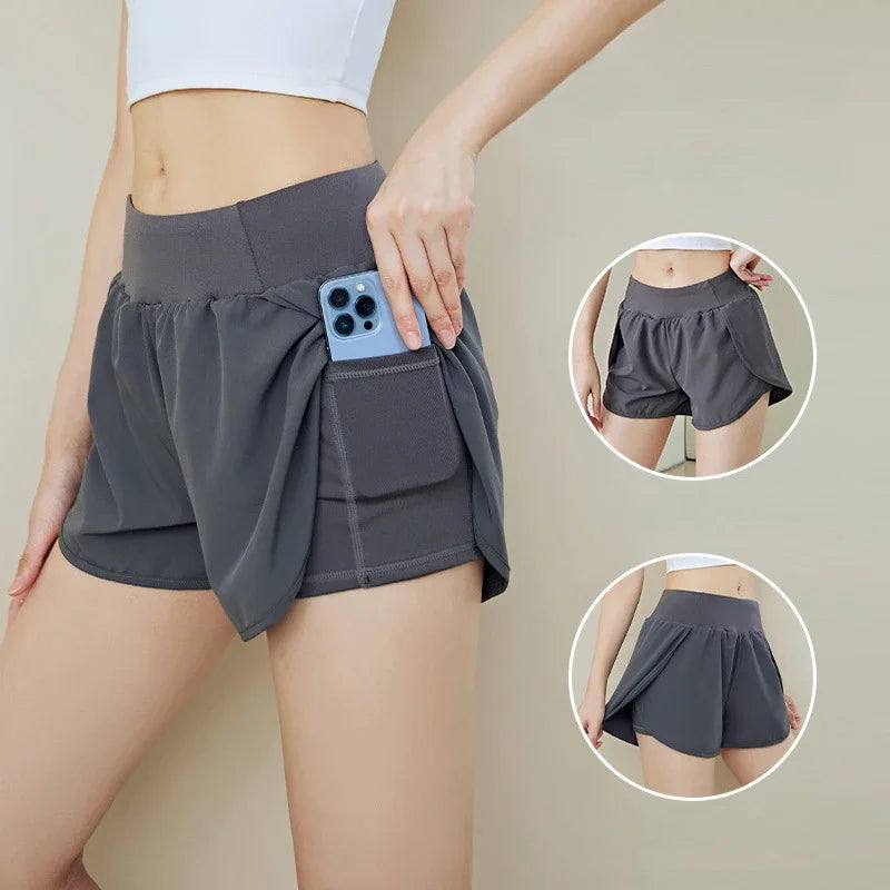 Aiithuug 2 In 1 Yoga Shorts with Pocket Gym Short Running Short High Waist Tummy Control Jogging Shorts Sports Pants Golf Skirts