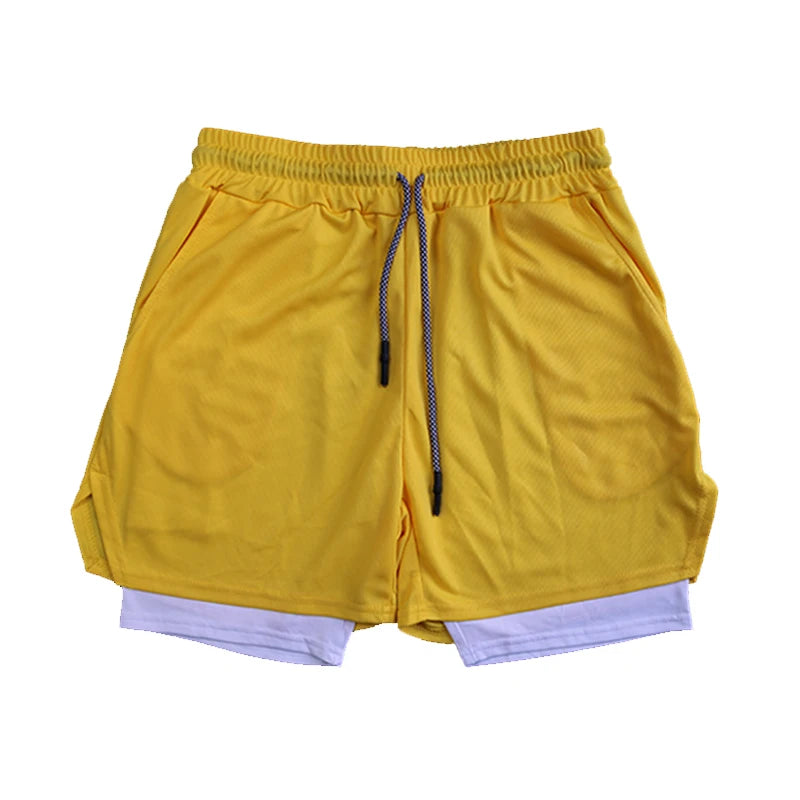 Men's Double Layer Fitness Shorts Drawstring Mesh Lining Elastic Waist Breathable Quick Dry to Beach Pool Summer Male