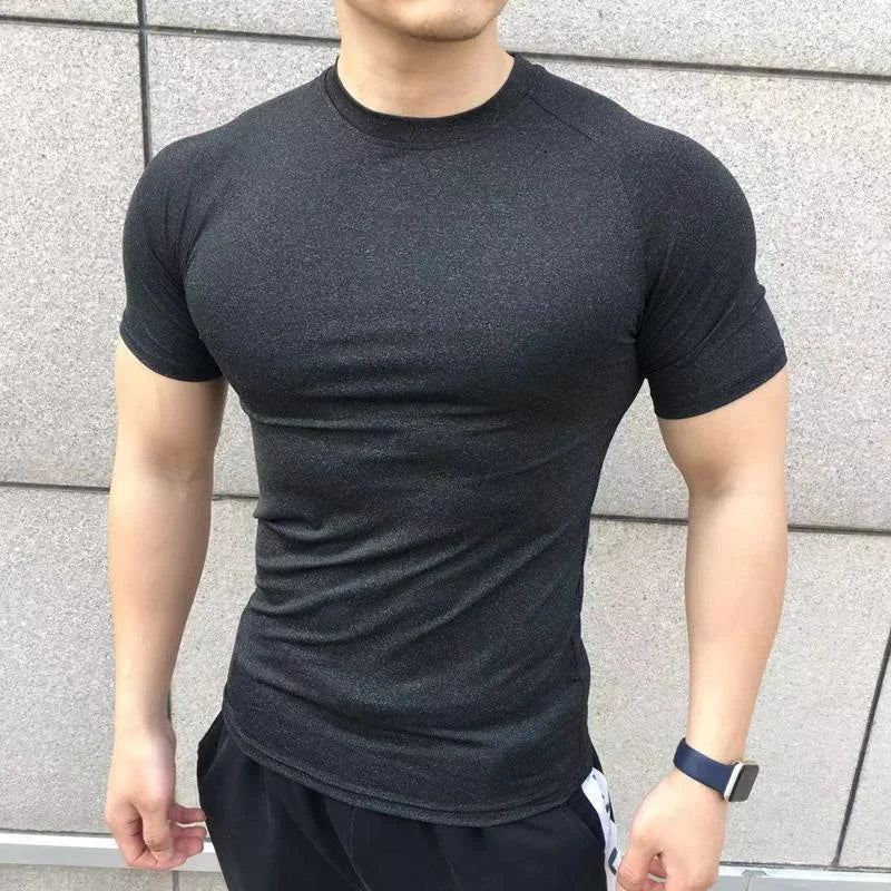 New Men Summer Short Sleeve Fitness T Shirt Running Sport Gym solid color quick dry T Shirt Workout Casual Quality Tops Clothing