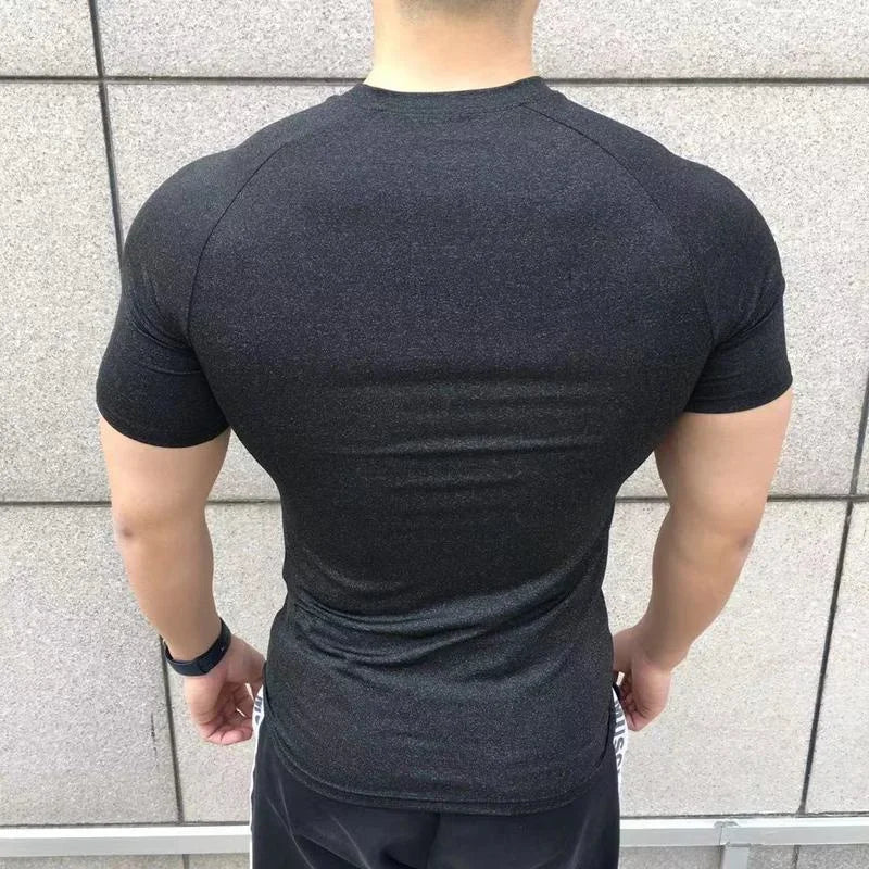 New Men Summer Short Sleeve Fitness T Shirt Running Sport Gym solid color quick dry T Shirt Workout Casual Quality Tops Clothing