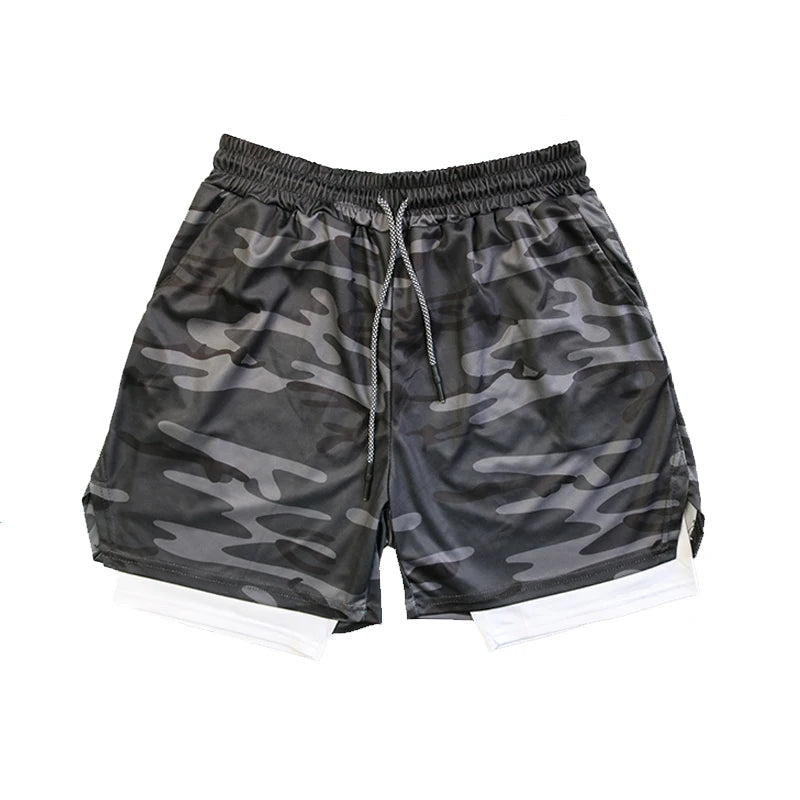 Men's Double Layer Fitness Shorts Drawstring Mesh Lining Elastic Waist Breathable Quick Dry to Beach Pool Summer Male