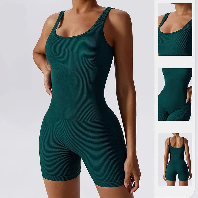 Women's Yoga Rompers One Piece Tummy Control Seamless Ribbed Jumpsuit Padded Sports Bra Romper Fashion Fitness Sportwear