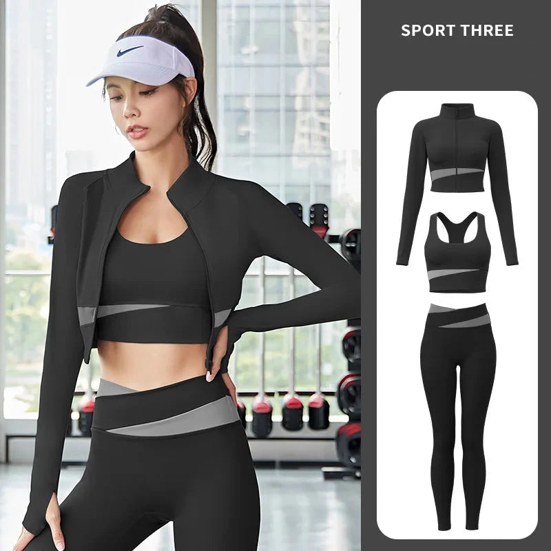 Women Yoga Patchwork 3 Piece Set Fitness Gym Coats+Bra+Leggings Workout Running Sportswear Clothing Tracksuit Ensemble Femme