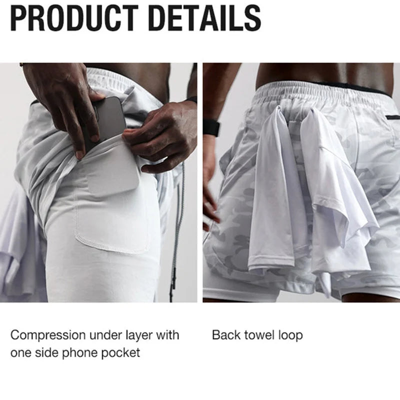 Print 2 in 1 Running Workout Shorts for Men Gym Performance Compression Shorts with Phone Pocket Towel Loop Athletic Activewear