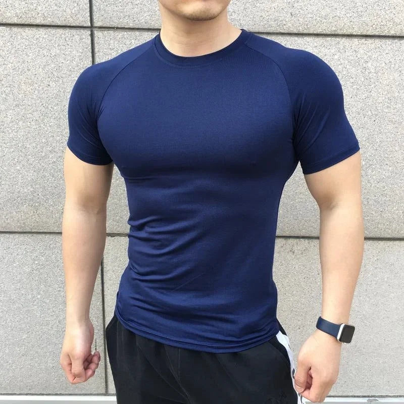 New Men Summer Short Sleeve Fitness T Shirt Running Sport Gym solid color quick dry T Shirt Workout Casual Quality Tops Clothing