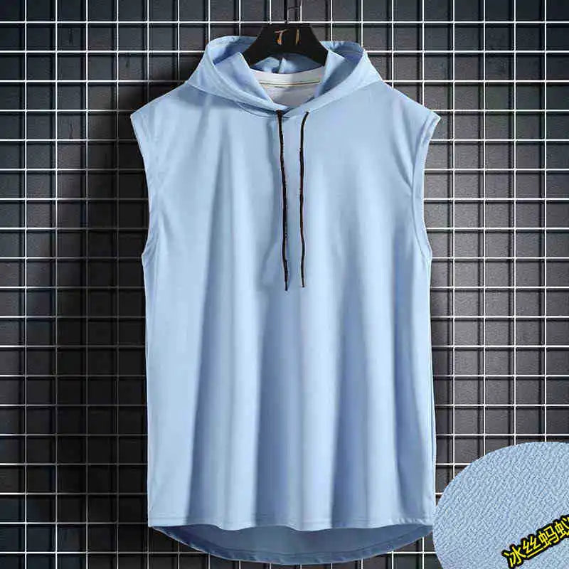 Ice Silk Summer Muscle Hoodie Vest Sleeveless Bodybuilding Gym Workout Fitness Shirt High Quality Vest Hip Hop Sweatshirt Tops