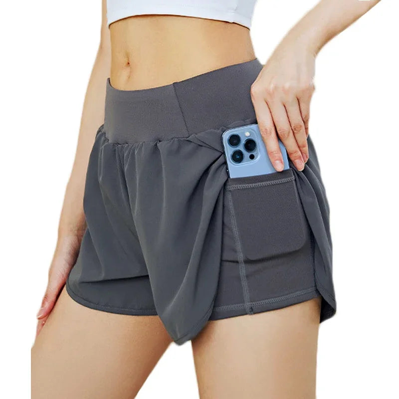 Aiithuug 2 In 1 Yoga Shorts with Pocket Gym Short Running Short High Waist Tummy Control Jogging Shorts Sports Pants Golf Skirts