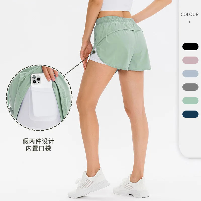 Gym Sport Shorts Women Elastic High Waist Short Pants With Pockets Fake Two Pieces Yoga Leggings Running Training Shorts