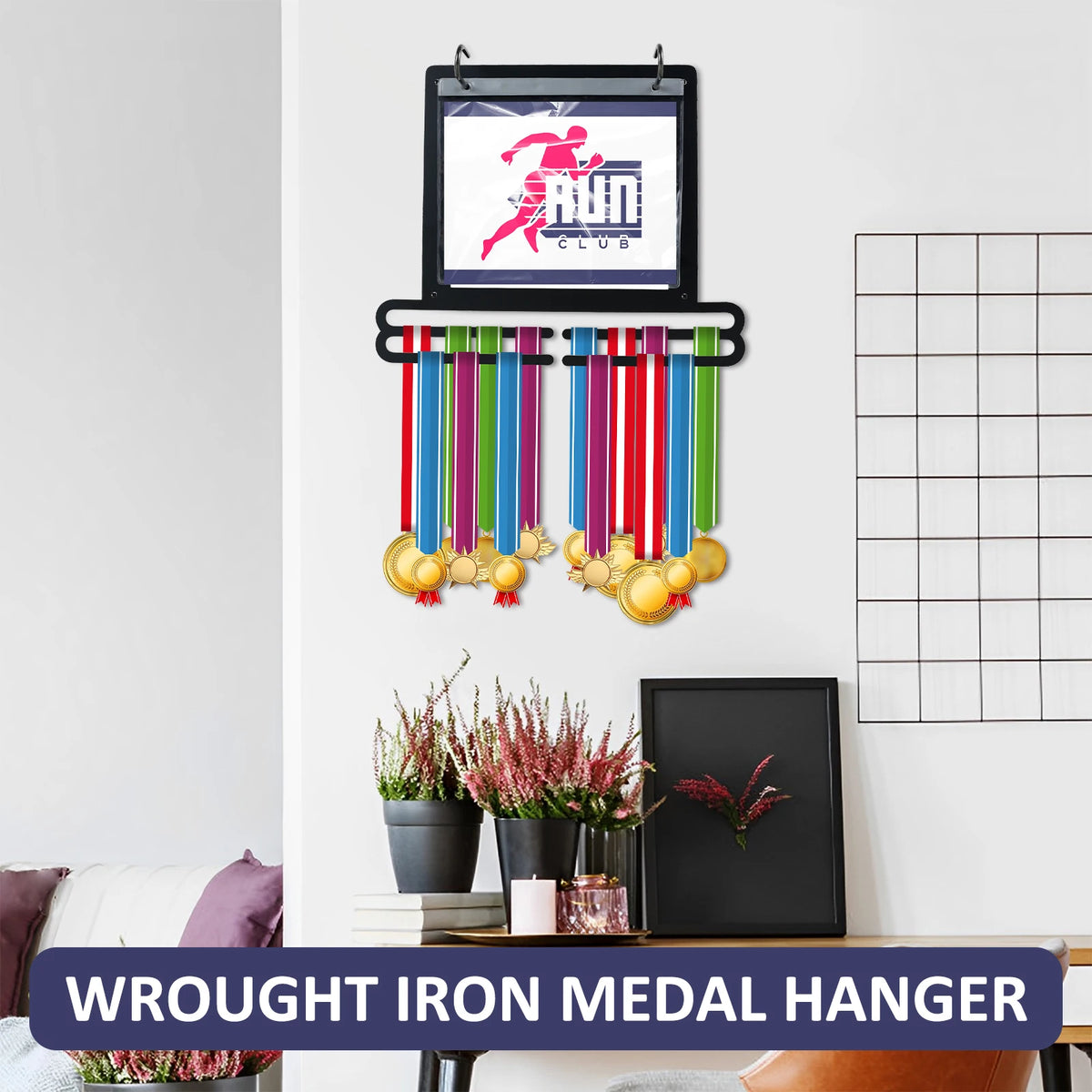 Medal Hanger Display Wall Mounted Medals Display Hanger with Number Bags and Hooks for Marathon Gymnastics Swim Race Decoration