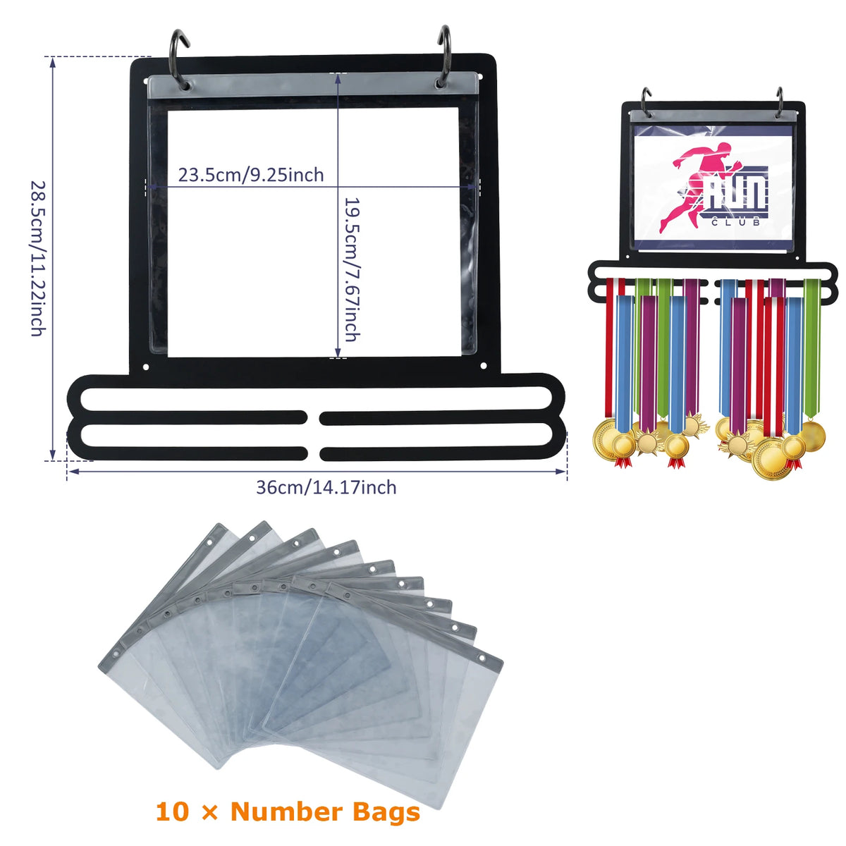 Medal Hanger Display Wall Mounted Medals Display Hanger with Number Bags and Hooks for Marathon Gymnastics Swim Race Decoration