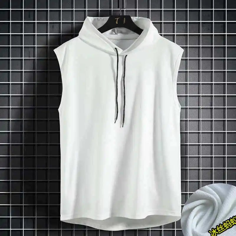 Ice Silk Summer Muscle Hoodie Vest Sleeveless Bodybuilding Gym Workout Fitness Shirt High Quality Vest Hip Hop Sweatshirt Tops