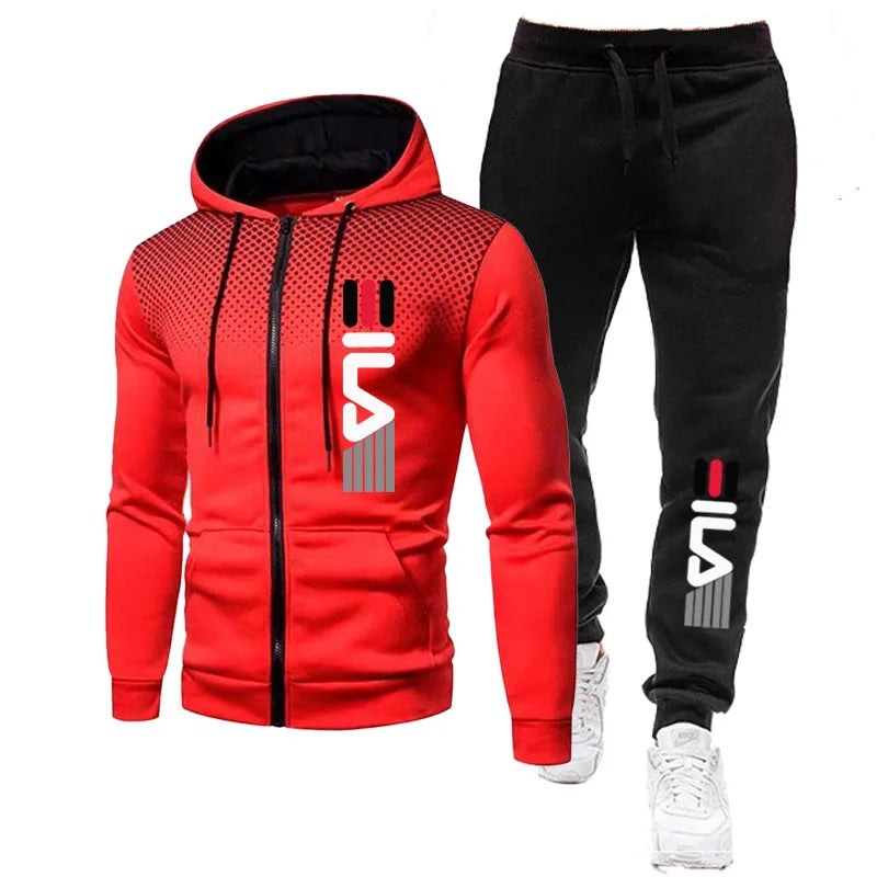 2 Piece Jogger Suits Mens Autumn Long Sleeve Zipper Print Hoody Coat and Long Sweatpants Male Outdoors Sport Tracksuits