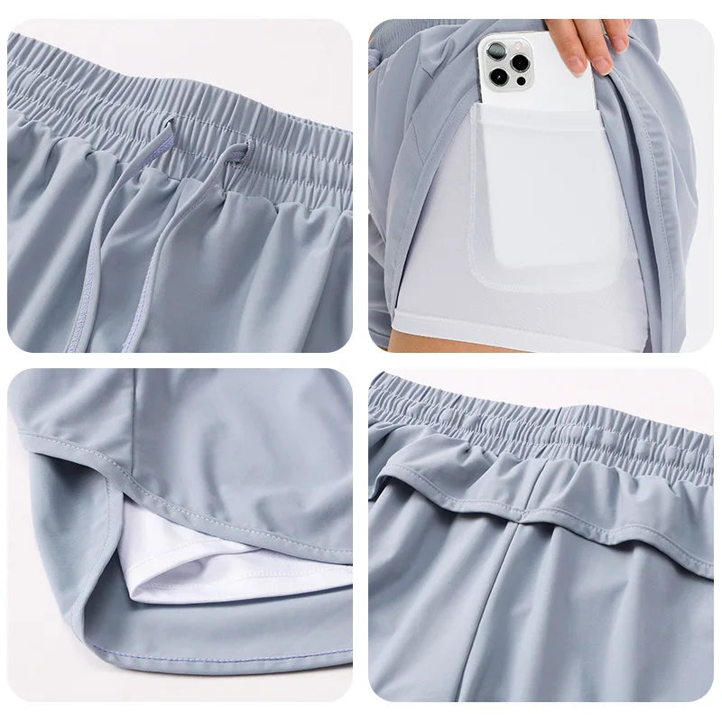 Gym Sport Shorts Women Elastic High Waist Short Pants With Pockets Fake Two Pieces Yoga Leggings Running Training Shorts