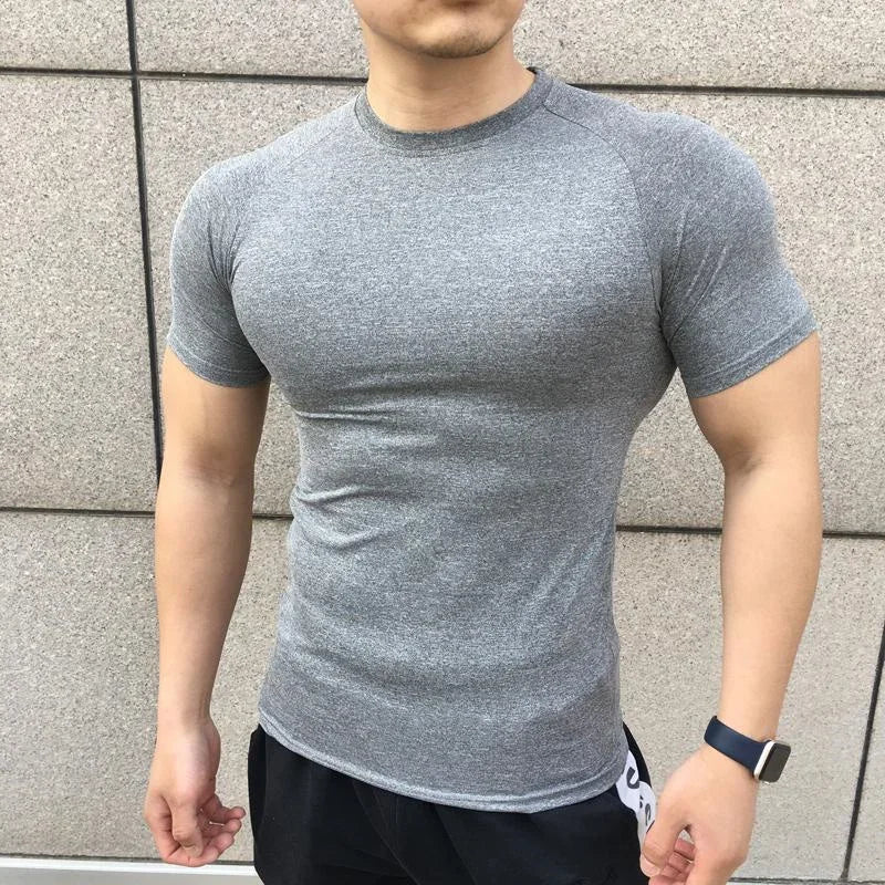 New Men Summer Short Sleeve Fitness T Shirt Running Sport Gym solid color quick dry T Shirt Workout Casual Quality Tops Clothing