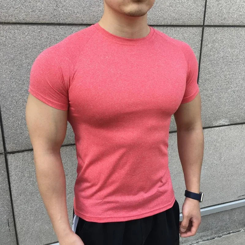 New Men Summer Short Sleeve Fitness T Shirt Running Sport Gym solid color quick dry T Shirt Workout Casual Quality Tops Clothing