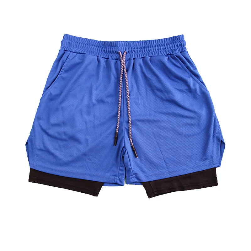 Men's Double Layer Fitness Shorts Drawstring Mesh Lining Elastic Waist Breathable Quick Dry to Beach Pool Summer Male